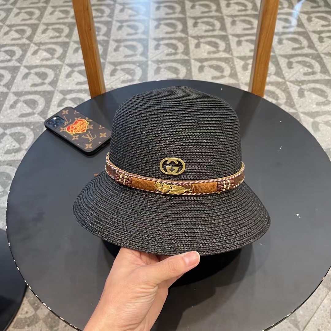 GUCC I古奇海边度假百搭圆顶草帽女出游遮阳防晒民族风礼帽女夏天沙滩太阳帽