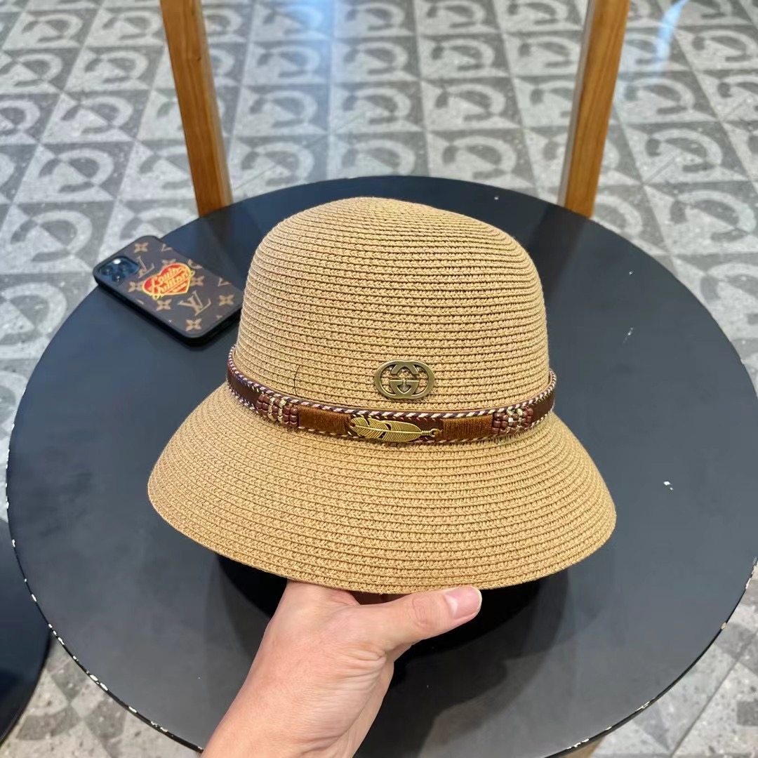 GUCC I古奇海边度假百搭圆顶草帽女出游遮阳防晒民族风礼帽女夏天沙滩太阳帽