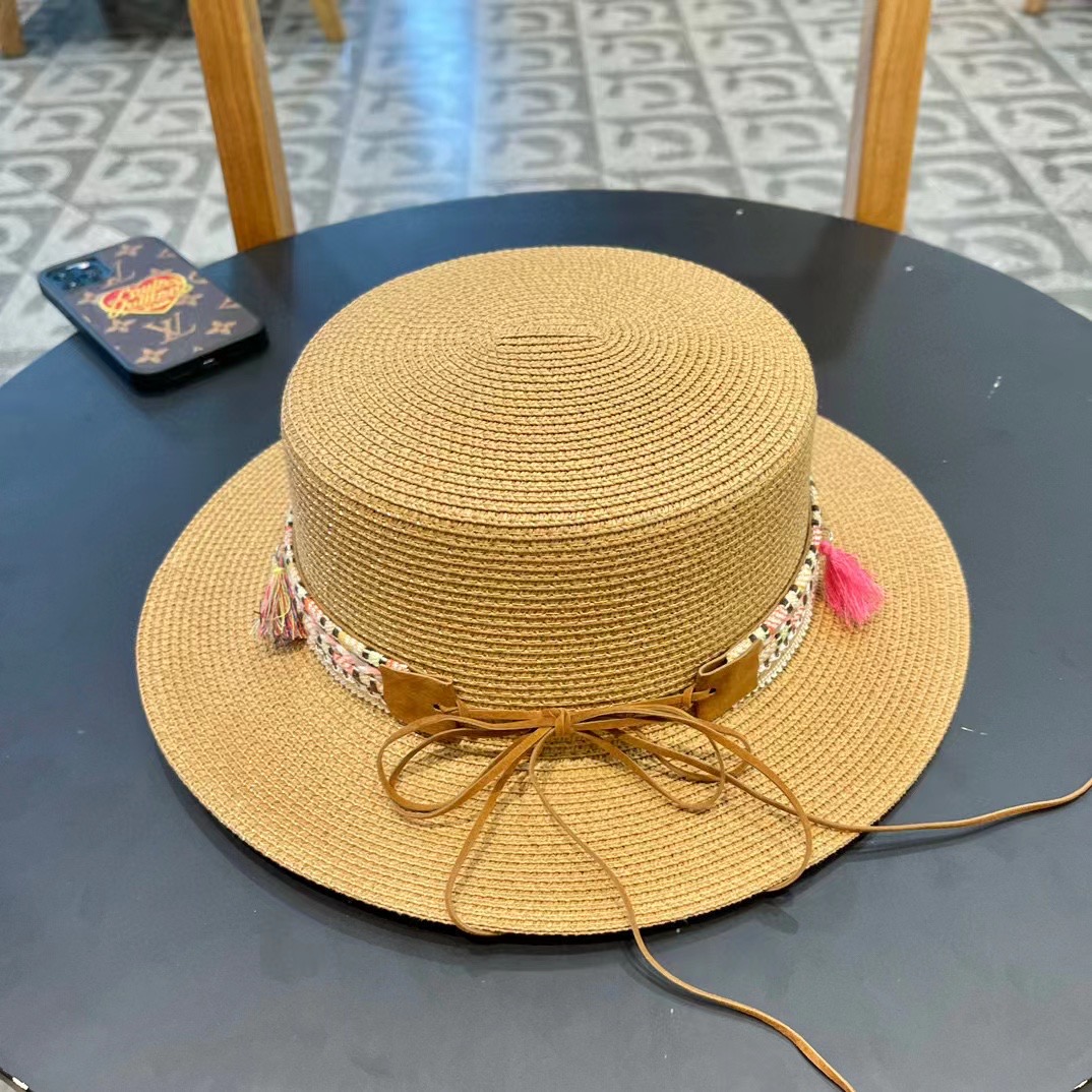 P137 [DIOR DIEO] 2024 NEW BIG CROTCH, FLAT-TIED STRAW HAT - 图片 1