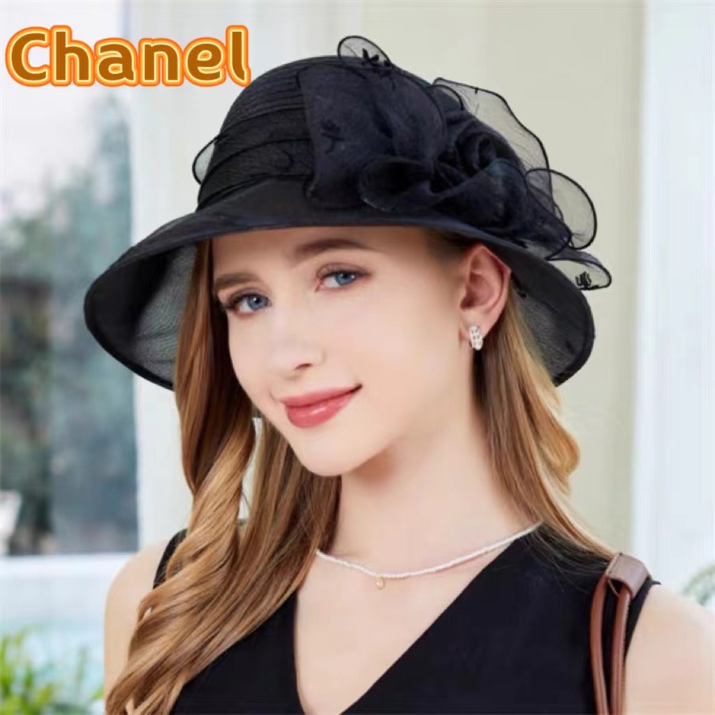 香奈儿Chanel欧美夏季女士网纱花朵盆帽时尚优雅防晒遮阳帽户外防紫外线太阳帽