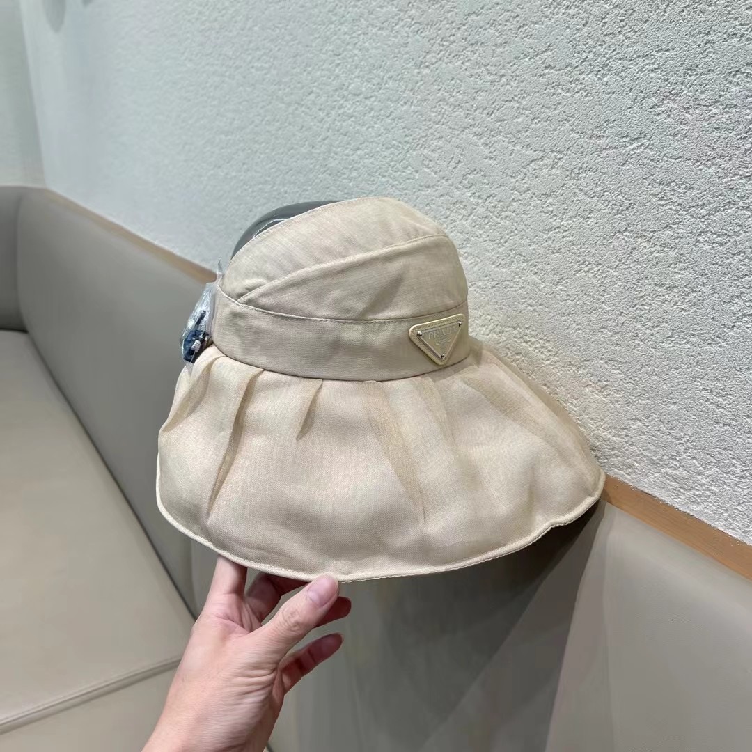 普拉达Prada新款春夏季防晒透气纯色简约空顶帽女遮阳大沿可调节帽子