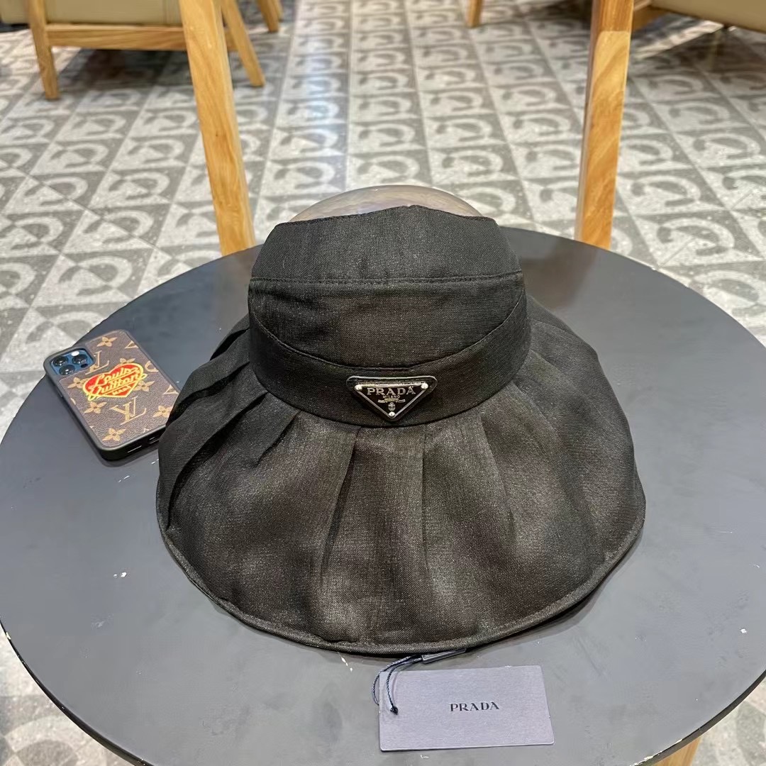 普拉达Prada新款春夏季防晒透气纯色简约空顶帽女遮阳大沿可调节帽子