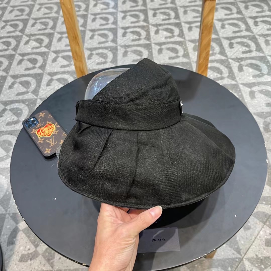 普拉达Prada新款春夏季防晒透气纯色简约空顶帽女遮阳大沿可调节帽子