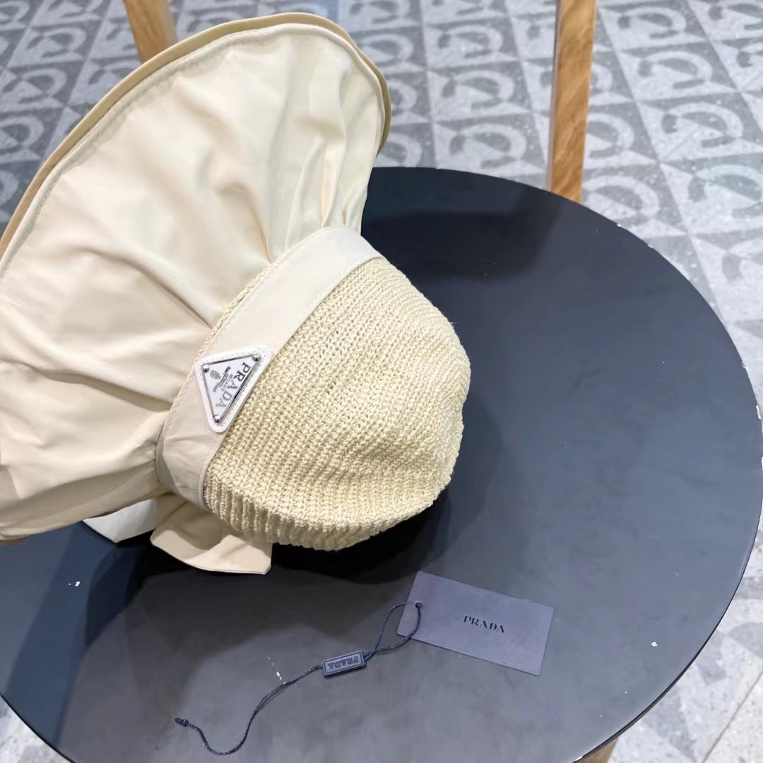  PRADA普拉达 黑胶帽子女款春夏出游防紫外线遮阳防晒帽大檐蝴蝶结渔夫帽太阳帽