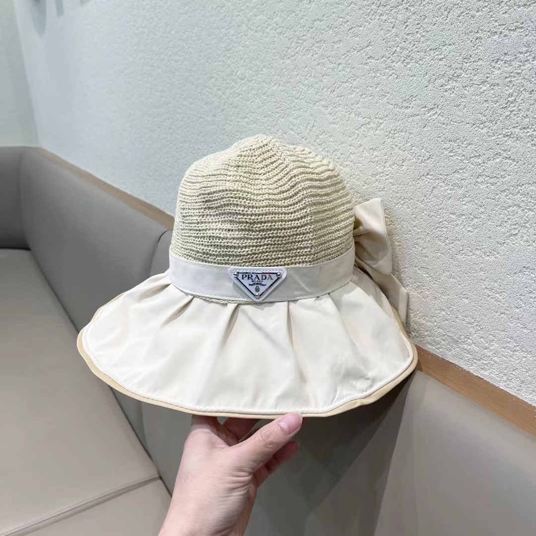  PRADA普拉达 黑胶帽子女款春夏出游防紫外线遮阳防晒帽大檐蝴蝶结渔夫帽太阳帽