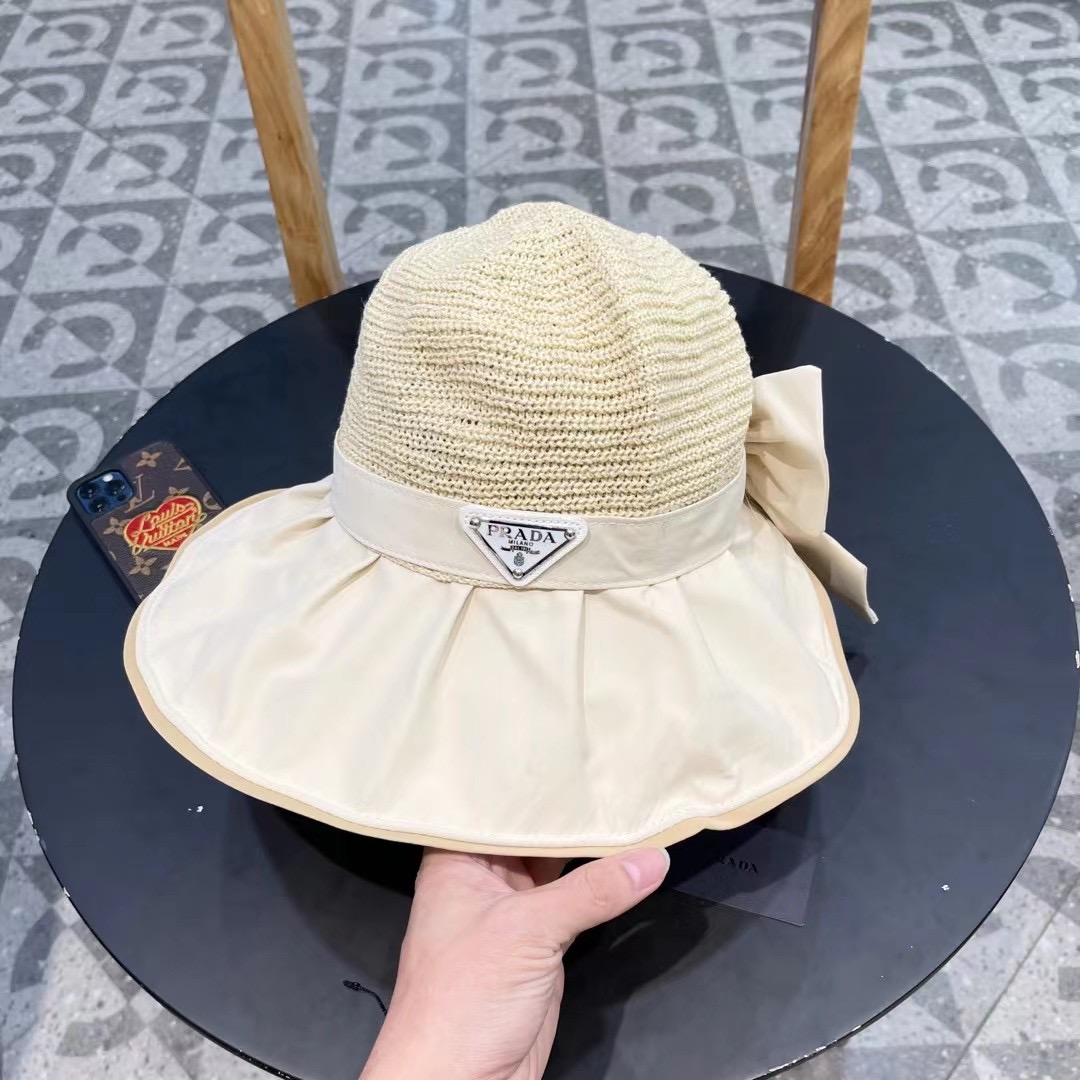  PRADA普拉达 黑胶帽子女款春夏出游防紫外线遮阳防晒帽大檐蝴蝶结渔夫帽太阳帽