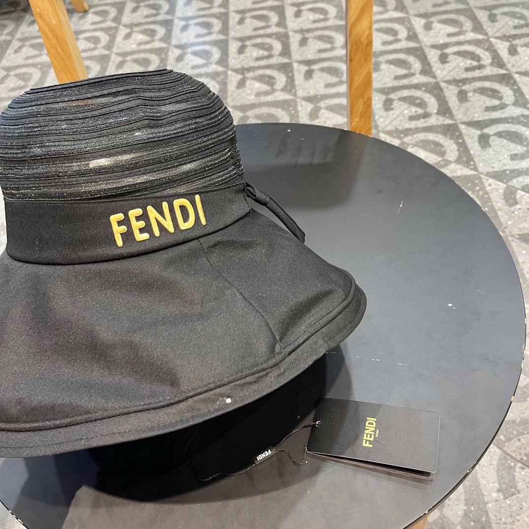 FENDI芬迪春款帽子女条纹网纱透气蝴蝶结渔夫帽大帽檐遮阳帽夏季防晒太阳帽
