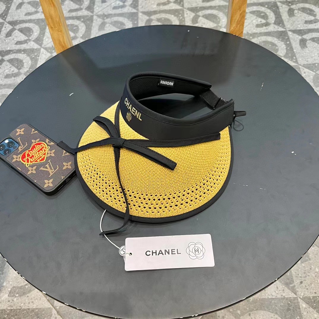  Chanel香奈儿 可爱蝴蝶结可折叠防晒帽空顶帽子女宽大帽檐遮阳帽显瘦无顶草帽夏