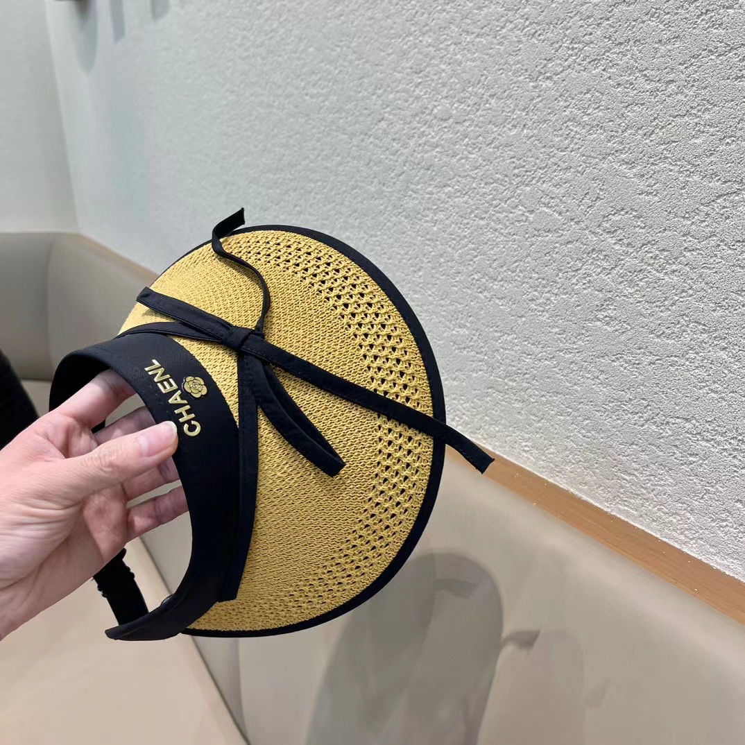  Chanel香奈儿 可爱蝴蝶结可折叠防晒帽空顶帽子女宽大帽檐遮阳帽显瘦无顶草帽夏