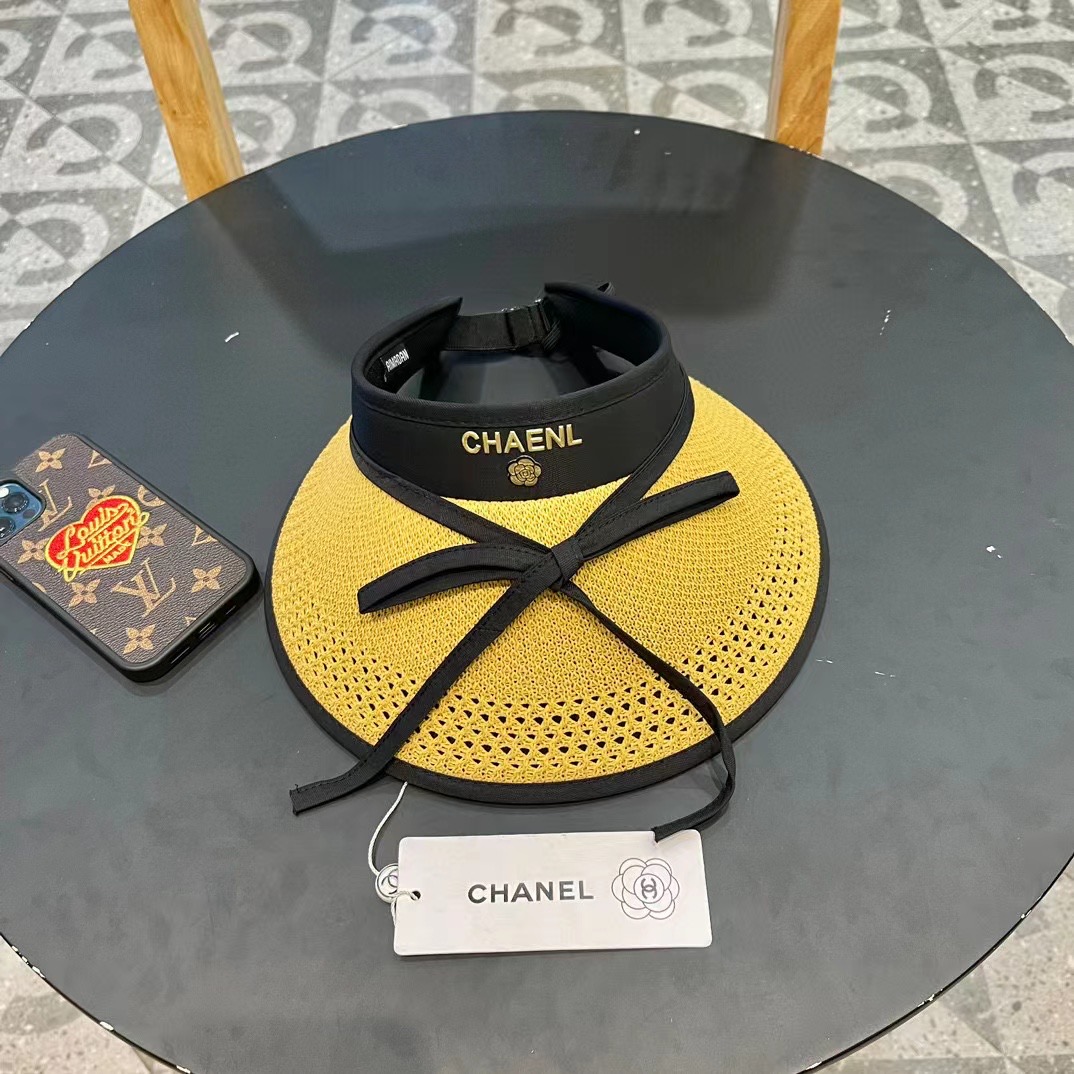  Chanel香奈儿 可爱蝴蝶结可折叠防晒帽空顶帽子女宽大帽檐遮阳帽显瘦无顶草帽夏