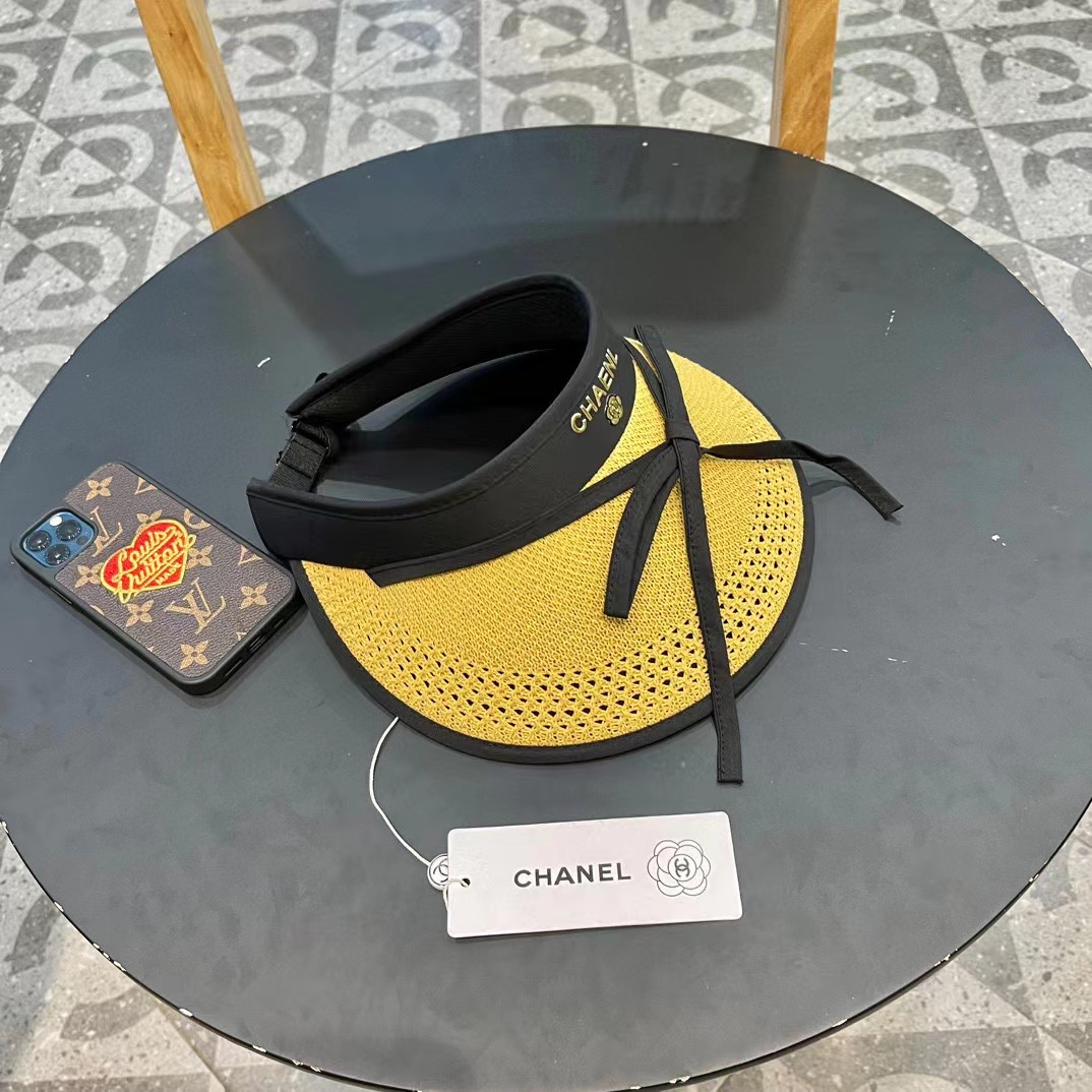  Chanel香奈儿 可爱蝴蝶结可折叠防晒帽空顶帽子女宽大帽檐遮阳帽显瘦无顶草帽夏