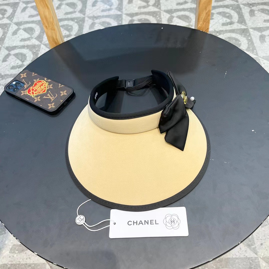 Chanel香奈儿夏季防紫外线空顶帽子女款2024新款甜美蝴蝶结大檐遮阳防晒太阳帽