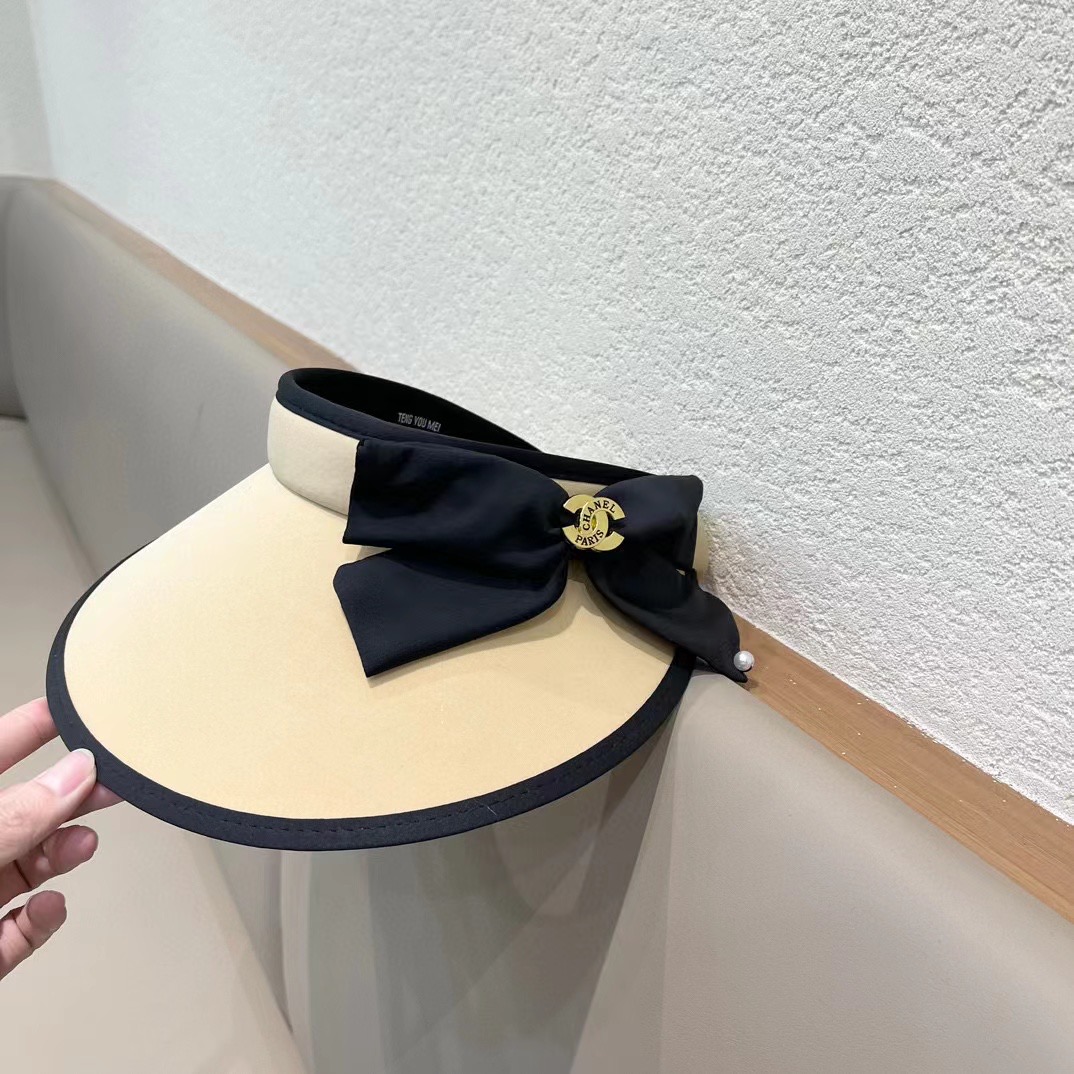 Chanel香奈儿夏季防紫外线空顶帽子女款2024新款甜美蝴蝶结大檐遮阳防晒太阳帽