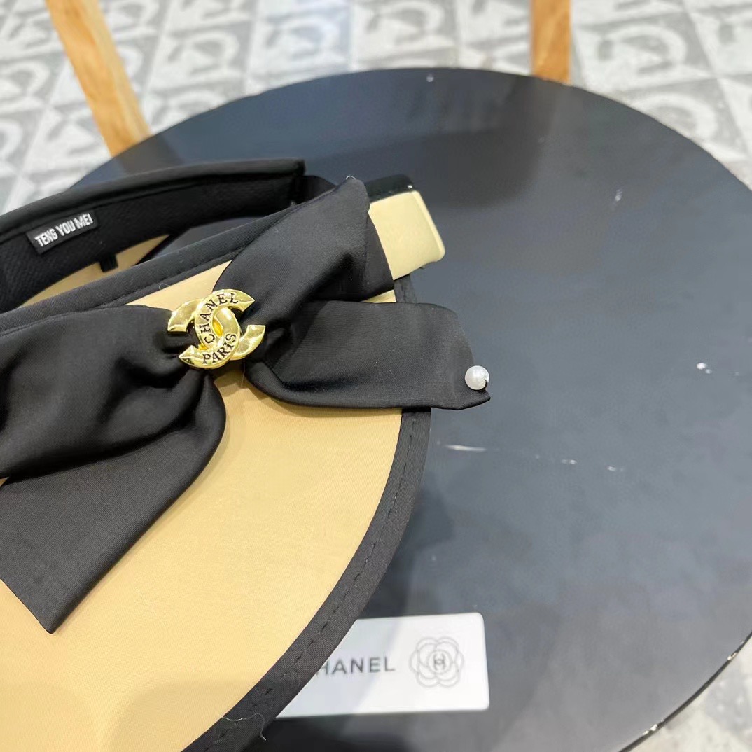 Chanel香奈儿夏季防紫外线空顶帽子女款2024新款甜美蝴蝶结大檐遮阳防晒太阳帽