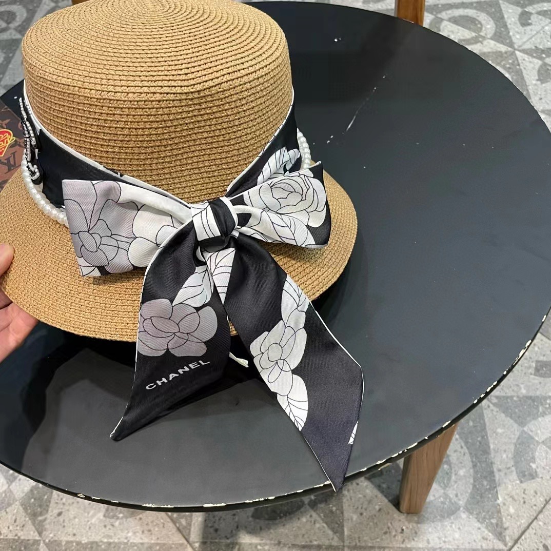 【CHANEL香奈儿】新款珍珠丝带款草编度假风盆帽草帽，大牌风～出街旅行单品