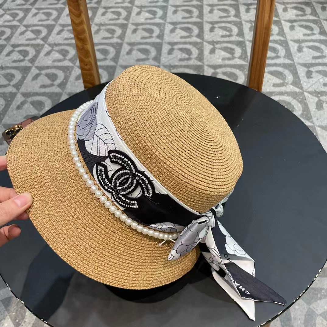 【CHANEL香奈儿】新款珍珠丝带款草编度假风盆帽草帽，大牌风～出街旅行单品