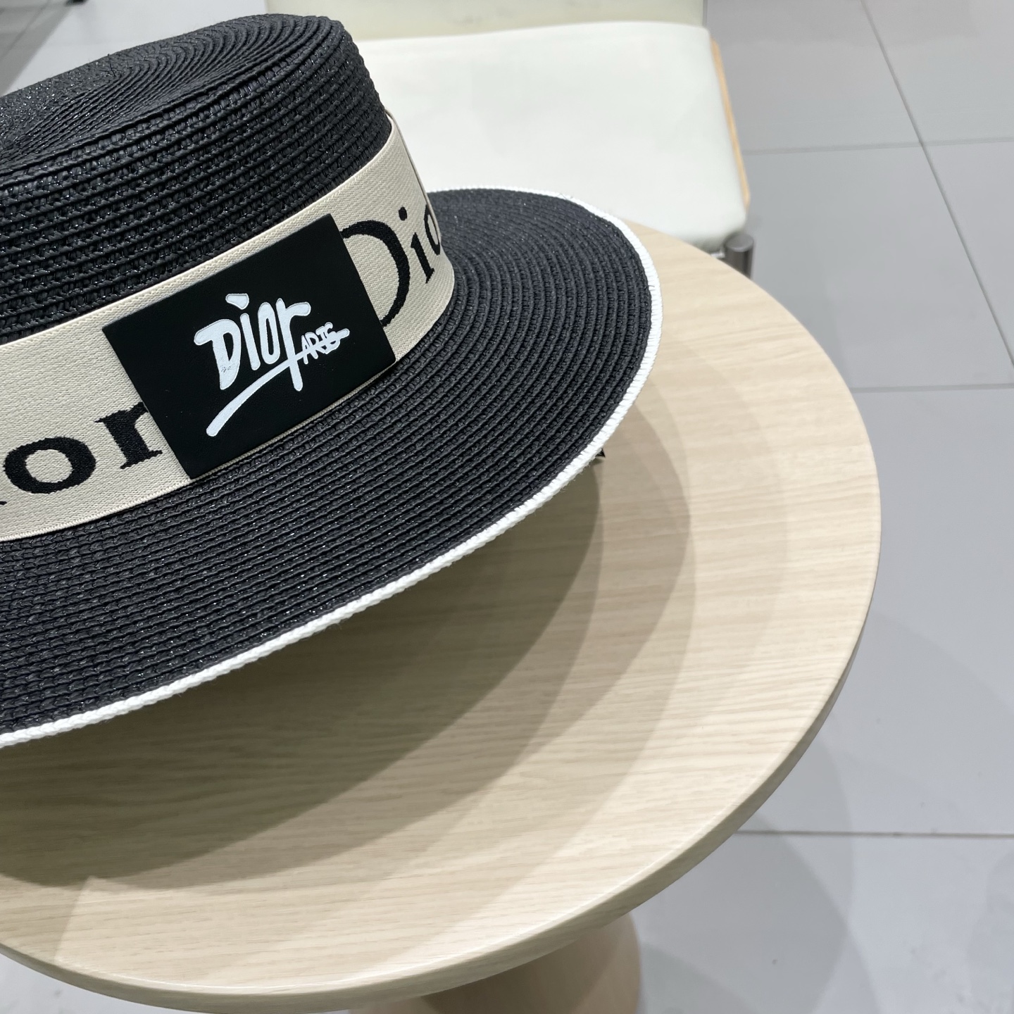 Dior迪奥新款平顶草帽，头围57cm 黑 白卡