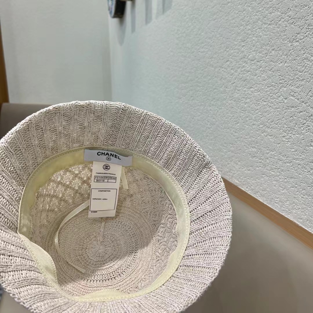  香奈儿Chanel夏季透气防晒针织渔夫帽子女格纹显脸小休闲百搭出游遮阳纯色盆帽
