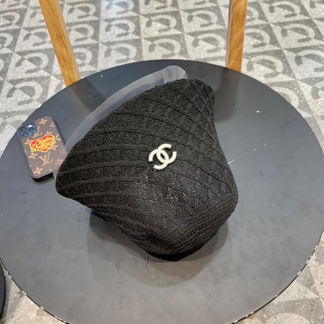  香奈儿Chanel夏季透气防晒针织渔夫帽子女格纹显脸小休闲百搭出游遮阳纯色盆帽
