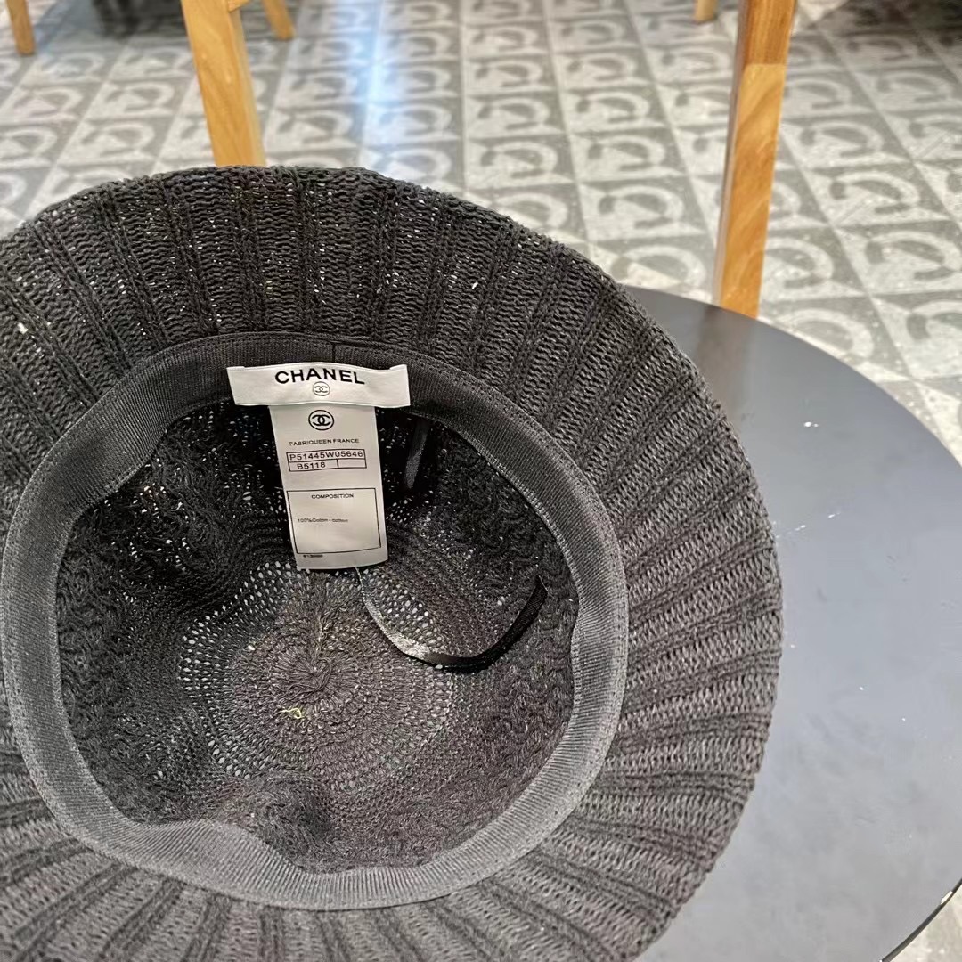  香奈儿Chanel夏季透气防晒针织渔夫帽子女格纹显脸小休闲百搭出游遮阳纯色盆帽