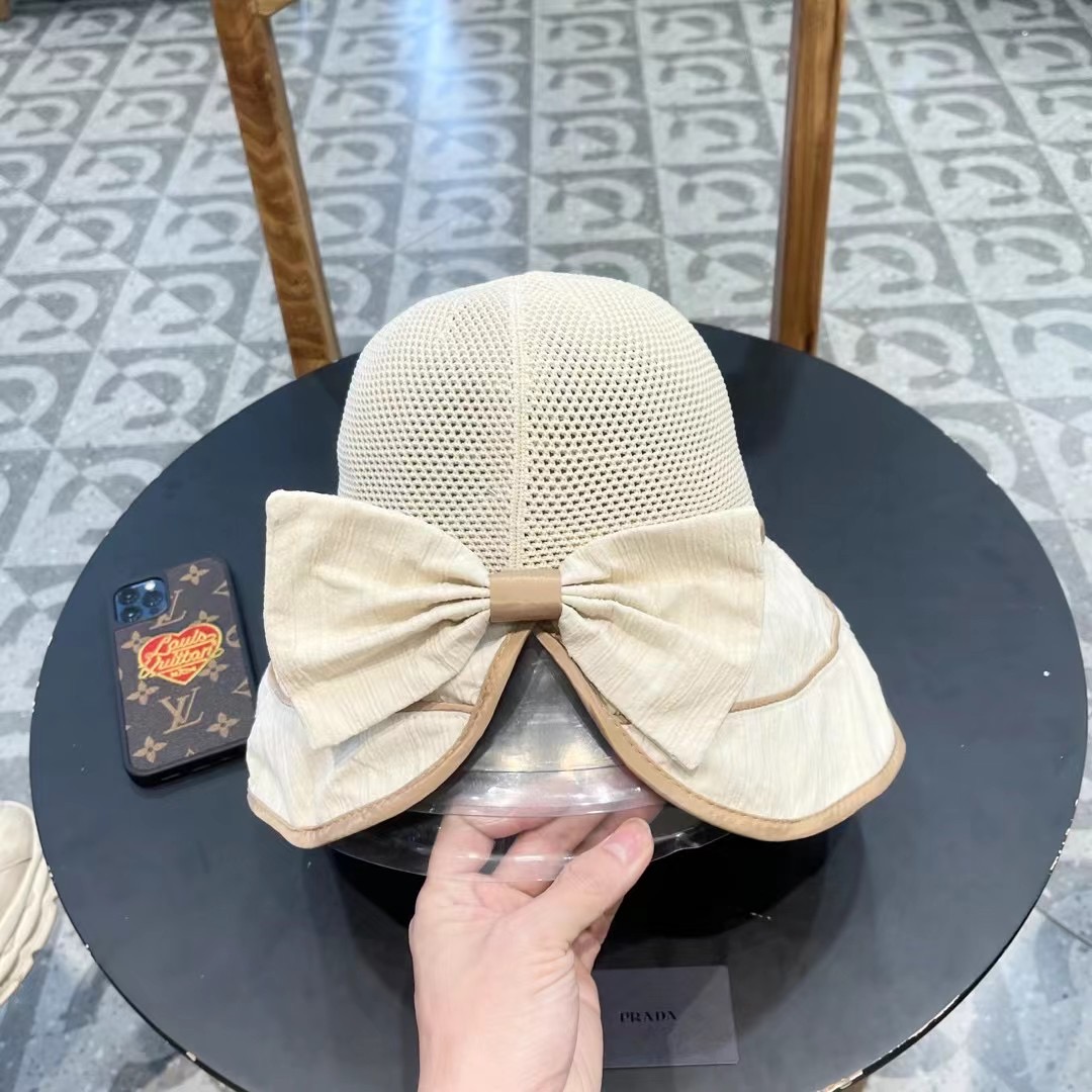  PRADA普拉达 渔夫帽新款夏季女大帽檐防晒帽韩版蝴蝶结透气遮阳帽太阳百搭帽子