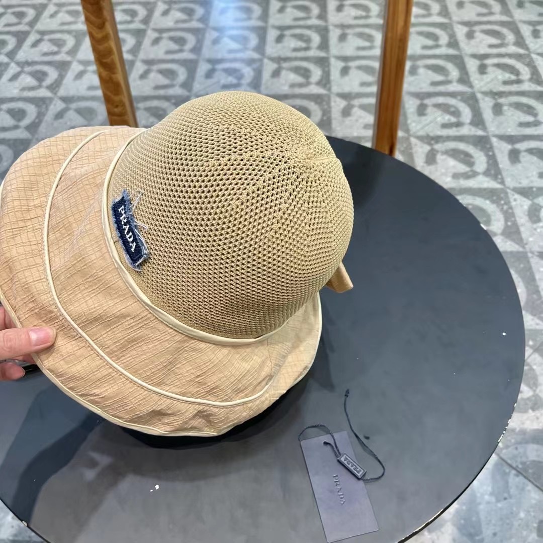  PRADA普拉达 渔夫帽新款夏季女大帽檐防晒帽韩版蝴蝶结透气遮阳帽太阳百搭帽子