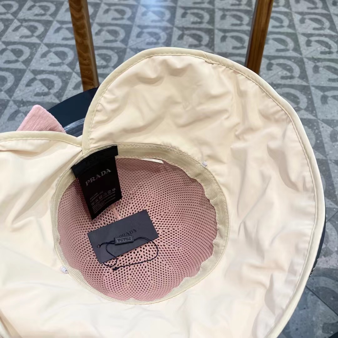  PRADA普拉达 渔夫帽新款夏季女大帽檐防晒帽韩版蝴蝶结透气遮阳帽太阳百搭帽子
