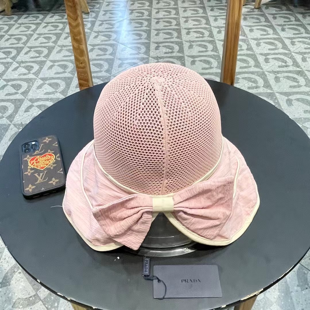  PRADA普拉达 渔夫帽新款夏季女大帽檐防晒帽韩版蝴蝶结透气遮阳帽太阳百搭帽子