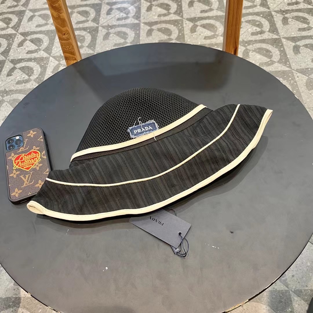  PRADA普拉达 渔夫帽新款夏季女大帽檐防晒帽韩版蝴蝶结透气遮阳帽太阳百搭帽子