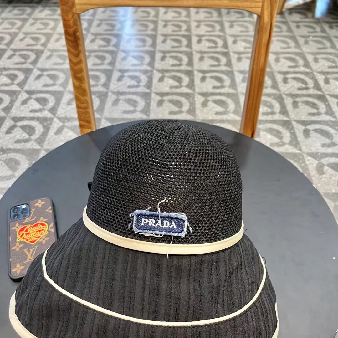  PRADA普拉达 渔夫帽新款夏季女大帽檐防晒帽韩版蝴蝶结透气遮阳帽太阳百搭帽子