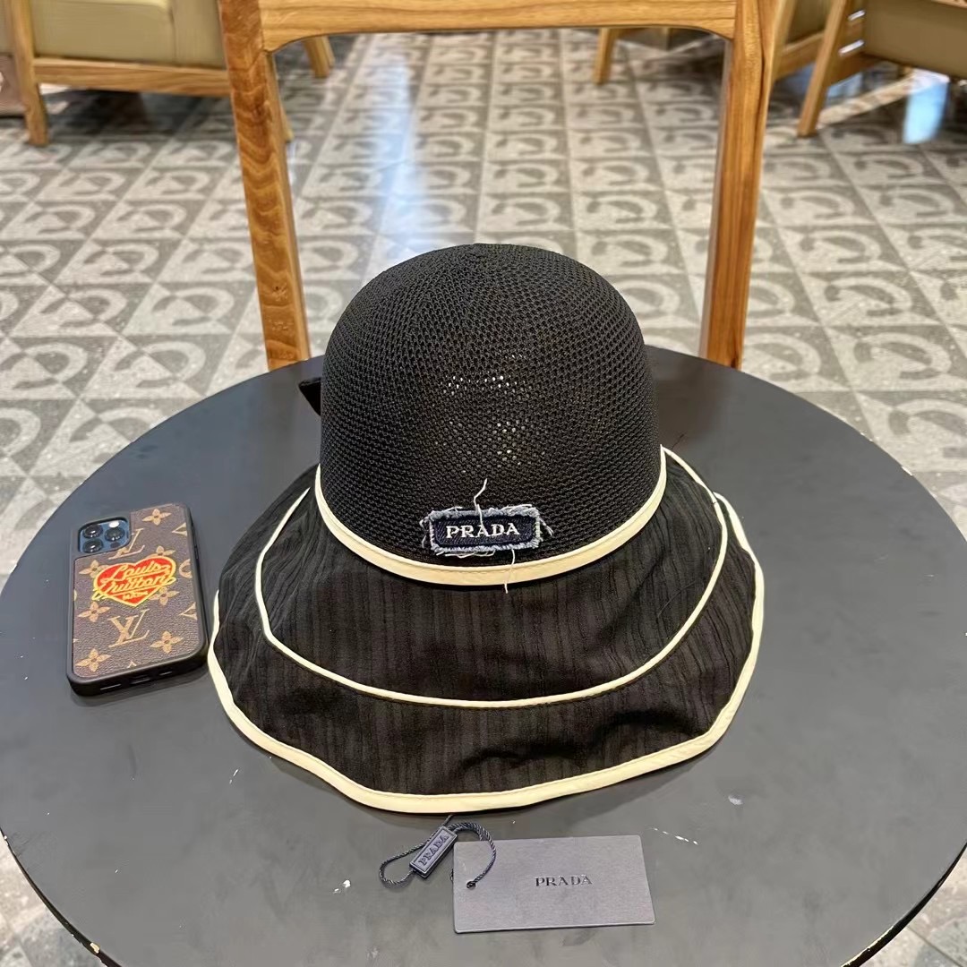  PRADA普拉达 渔夫帽新款夏季女大帽檐防晒帽韩版蝴蝶结透气遮阳帽太阳百搭帽子