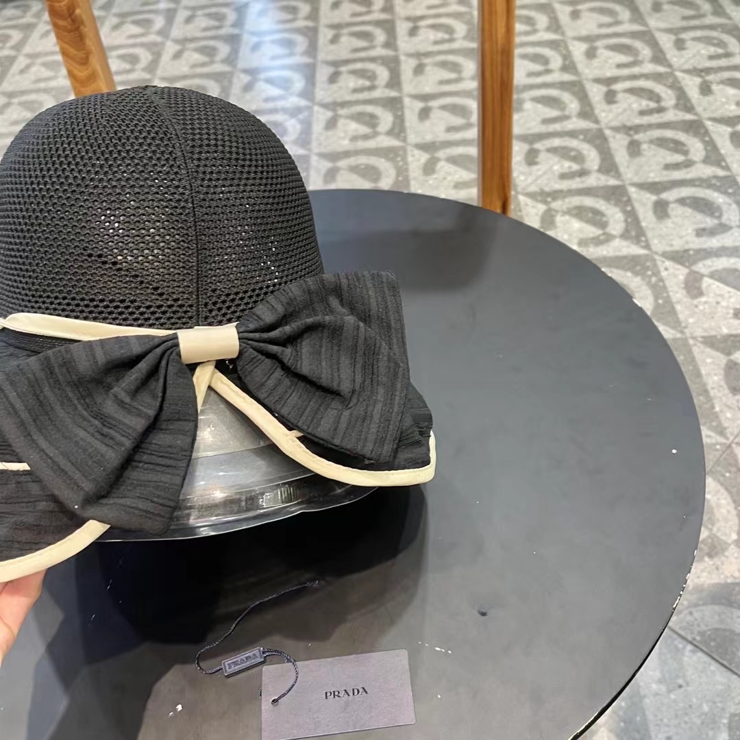  PRADA普拉达 渔夫帽新款夏季女大帽檐防晒帽韩版蝴蝶结透气遮阳帽太阳百搭帽子