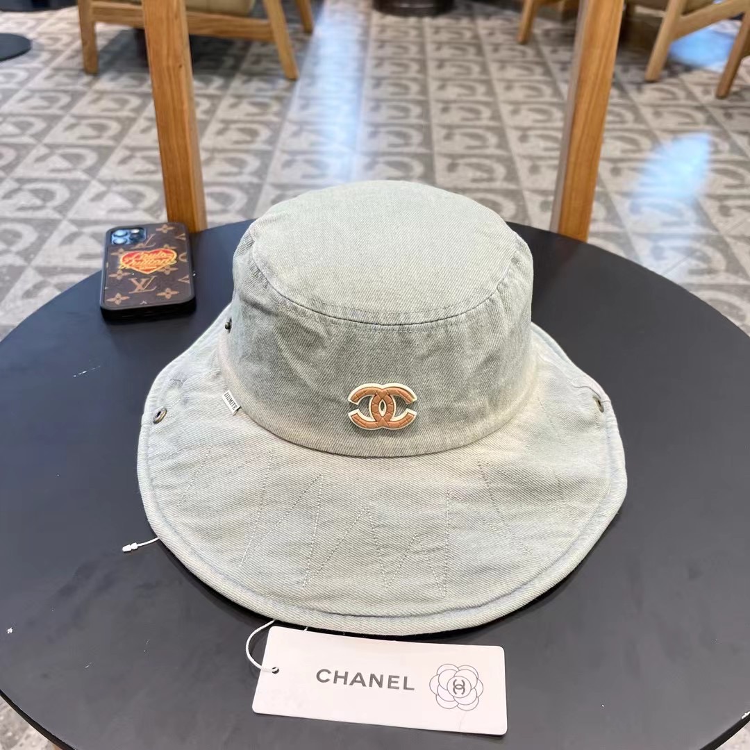 Chanel扎染水洗做旧牛仔渔夫帽子女春夏季百搭户外爬山露营大帽檐登山帽