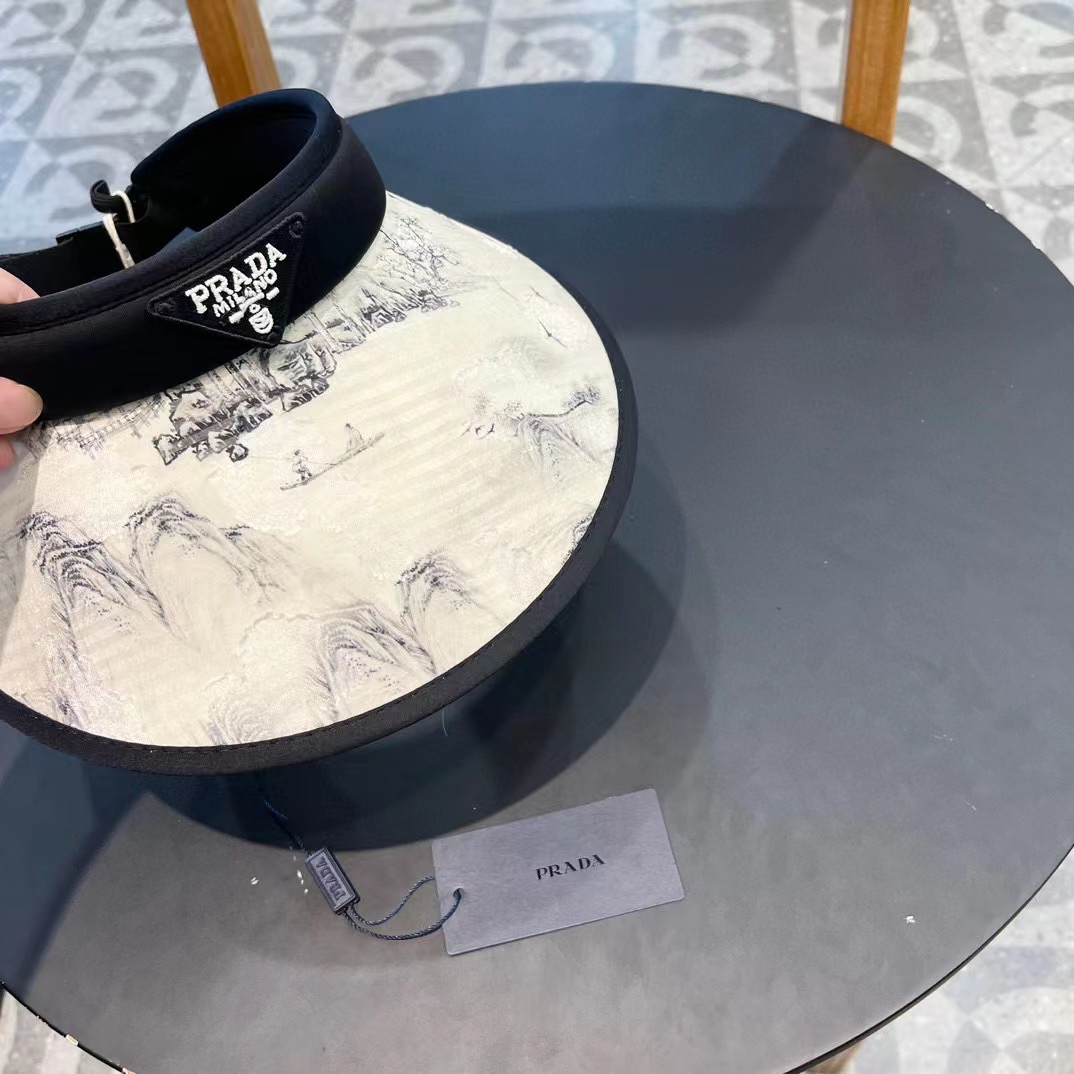   Prada普拉达新款中式国风水墨画帽子女夏季空顶防晒帽遮阳太阳帽冰丝防紫外线 