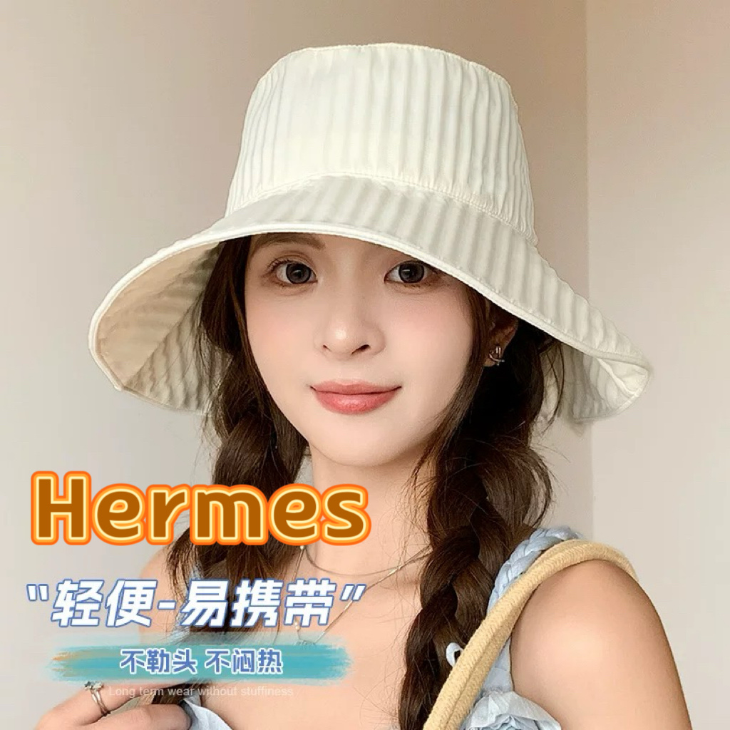   爱马仕 2025夏季新款条纹蝴蝶结帽子女休闲百搭渔夫帽户外遮阳防晒太阳帽