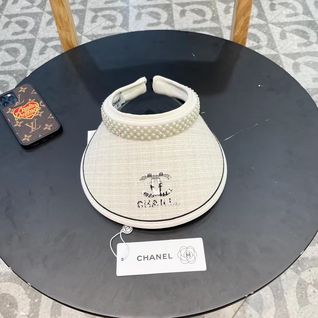  香奈儿Chanel夏季女大檐防紫外线空顶帽户外防晒遮阳帽时尚珍珠满钻出游太阳帽