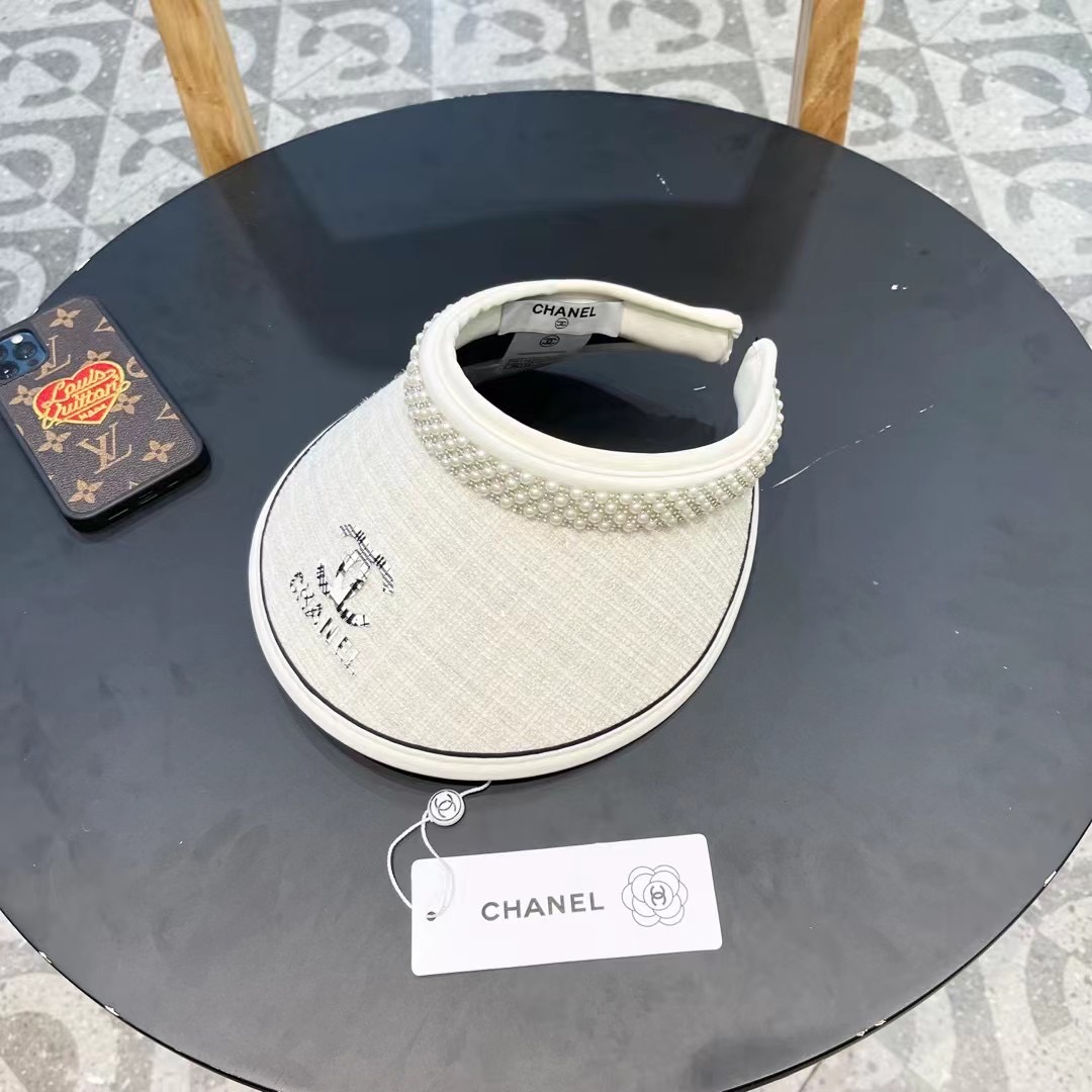 香奈儿Chanel夏季女大檐防紫外线空顶帽户外防晒遮阳帽时尚珍珠满钻出游太阳帽