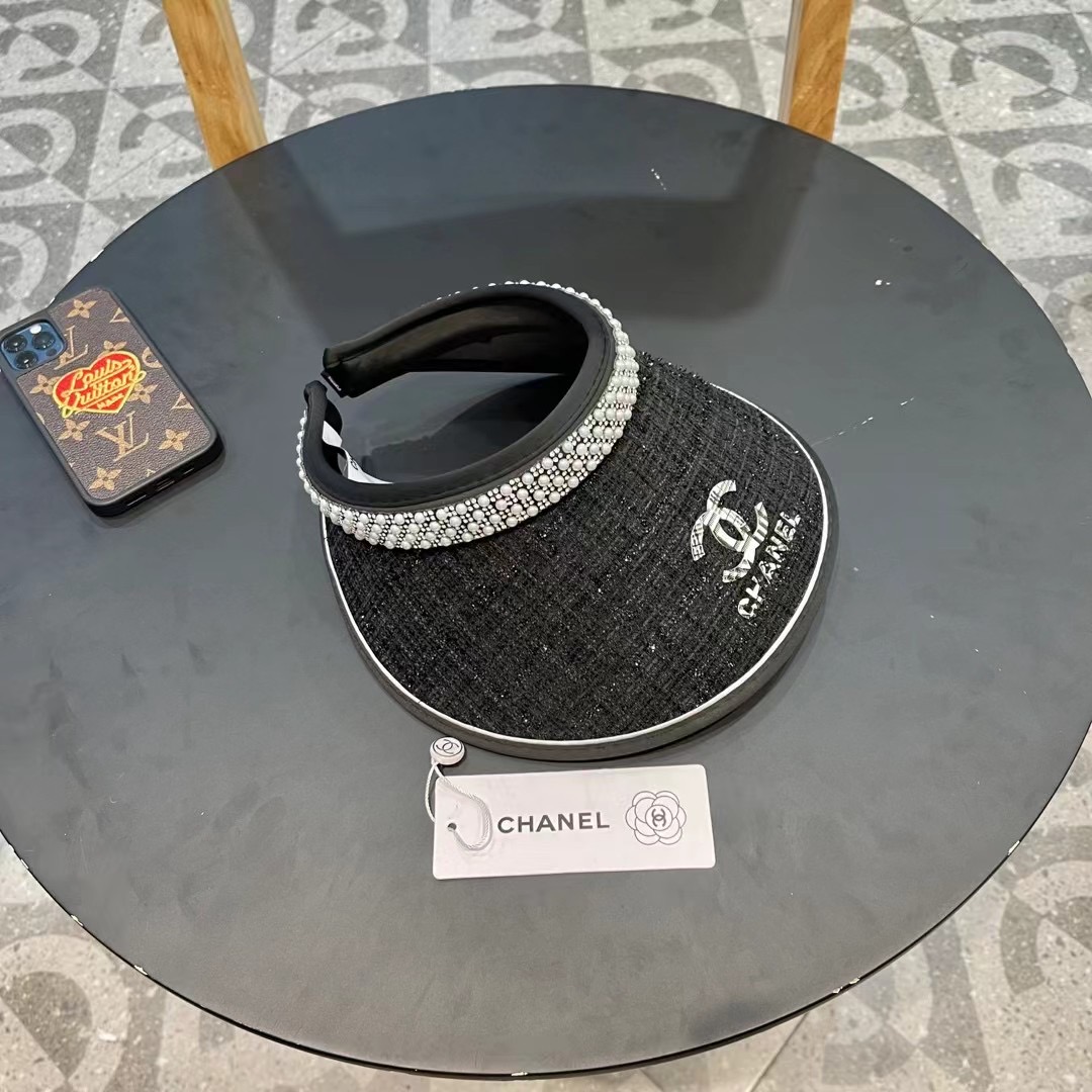  香奈儿Chanel夏季女大檐防紫外线空顶帽户外防晒遮阳帽时尚珍珠满钻出游太阳帽