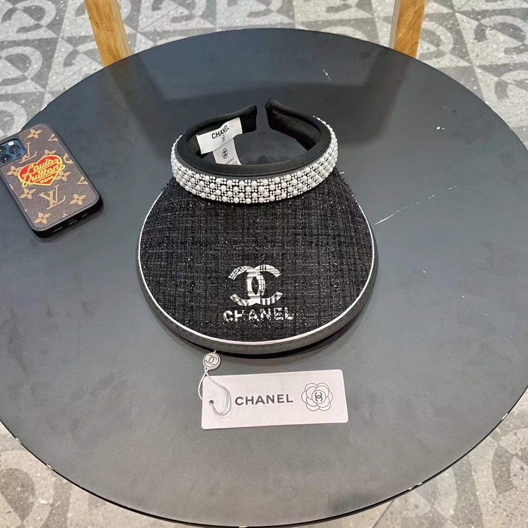  香奈儿Chanel夏季女大檐防紫外线空顶帽户外防晒遮阳帽时尚珍珠满钻出游太阳帽