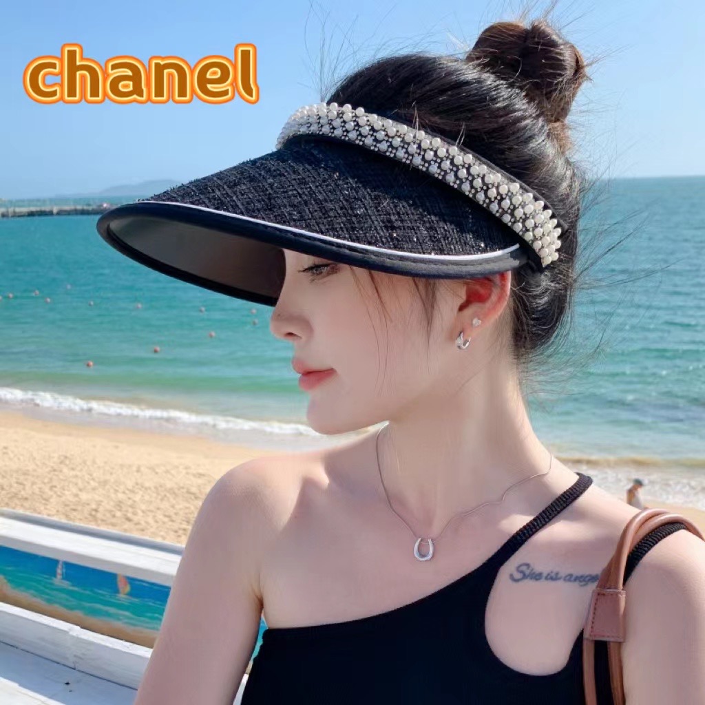  香奈儿Chanel夏季女大檐防紫外线空顶帽户外防晒遮阳帽时尚珍珠满钻出游太阳帽