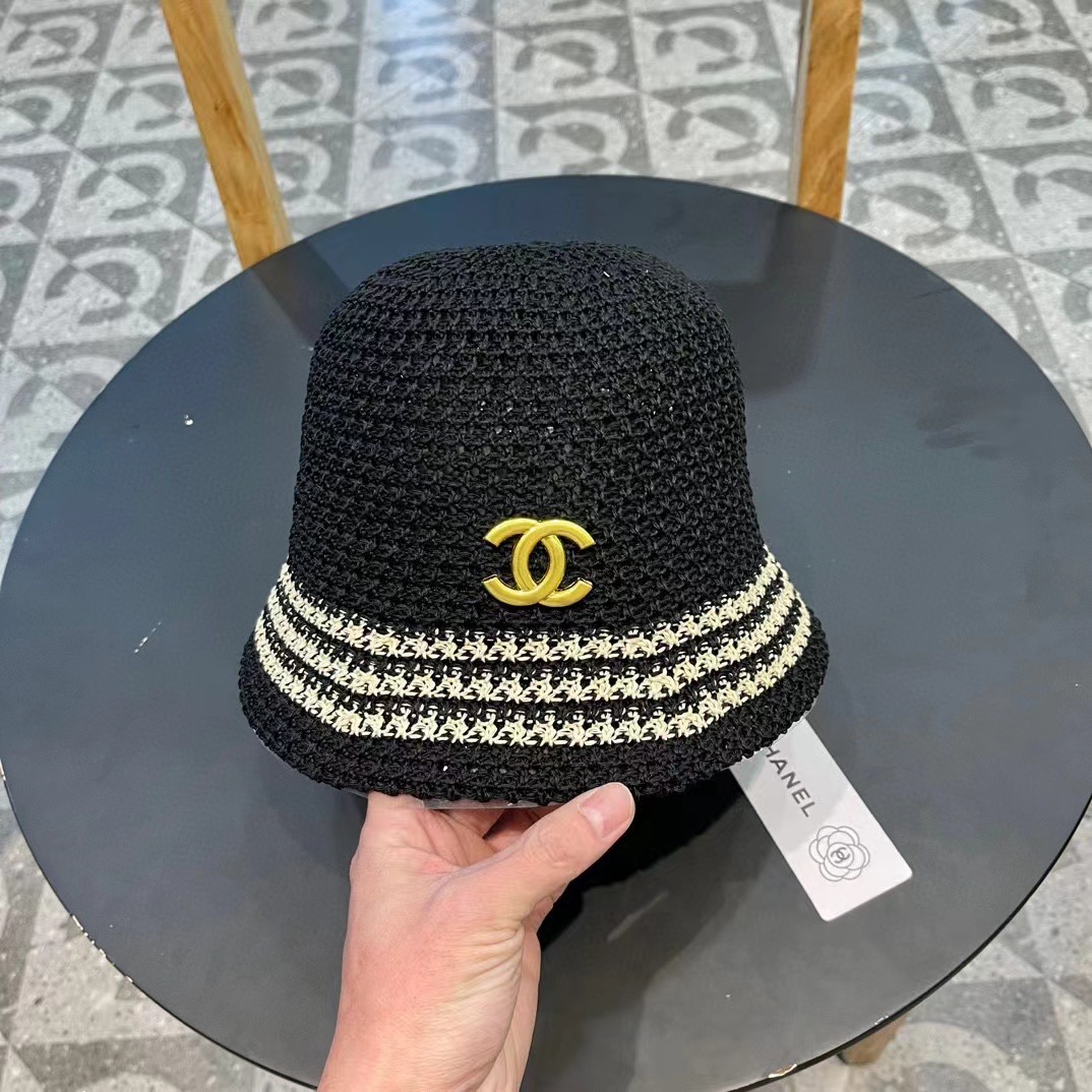   香奈儿Chanel镂空透气条纹渔夫帽子女夏天百搭可折叠显脸小盆帽遮阳防晒太阳帽 