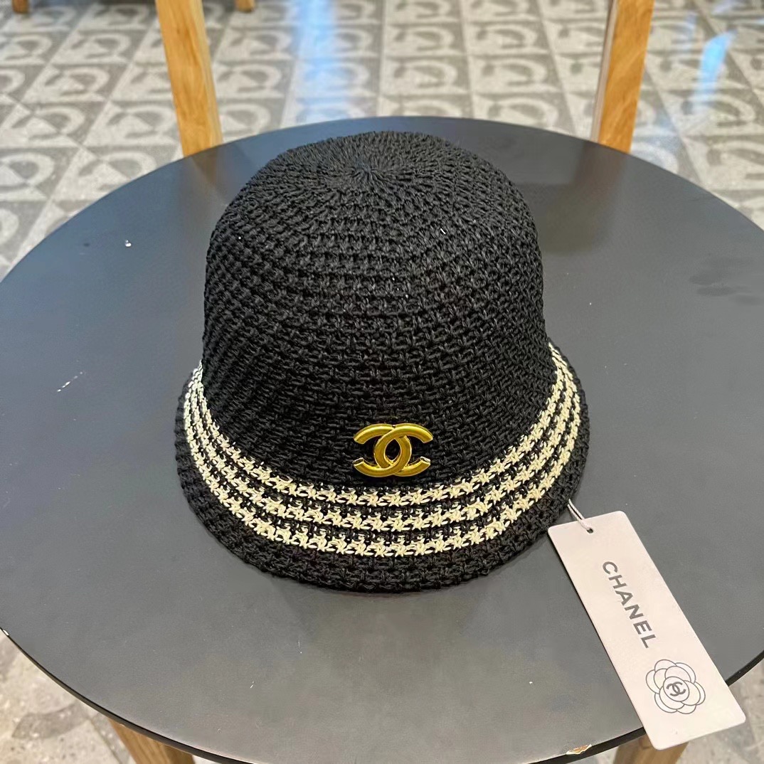   香奈儿Chanel镂空透气条纹渔夫帽子女夏天百搭可折叠显脸小盆帽遮阳防晒太阳帽 