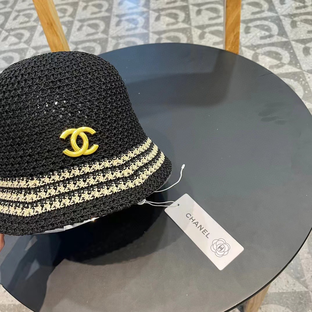   香奈儿Chanel镂空透气条纹渔夫帽子女夏天百搭可折叠显脸小盆帽遮阳防晒太阳帽 