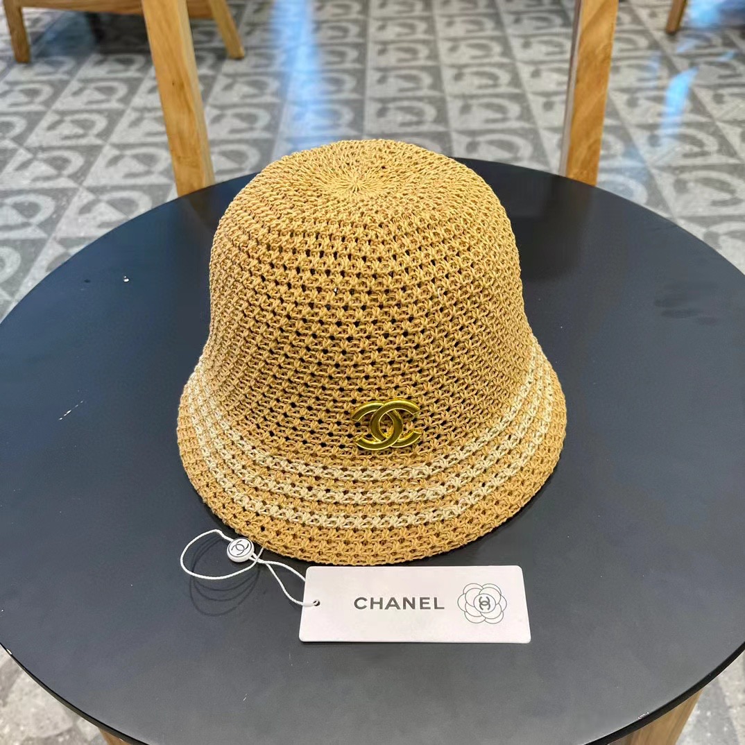   香奈儿Chanel镂空透气条纹渔夫帽子女夏天百搭可折叠显脸小盆帽遮阳防晒太阳帽 