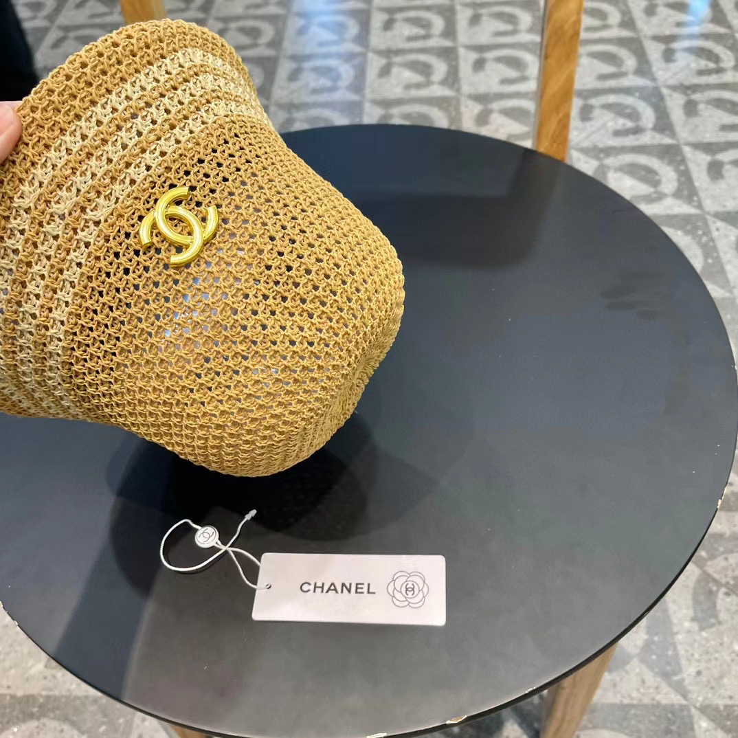   香奈儿Chanel镂空透气条纹渔夫帽子女夏天百搭可折叠显脸小盆帽遮阳防晒太阳帽 