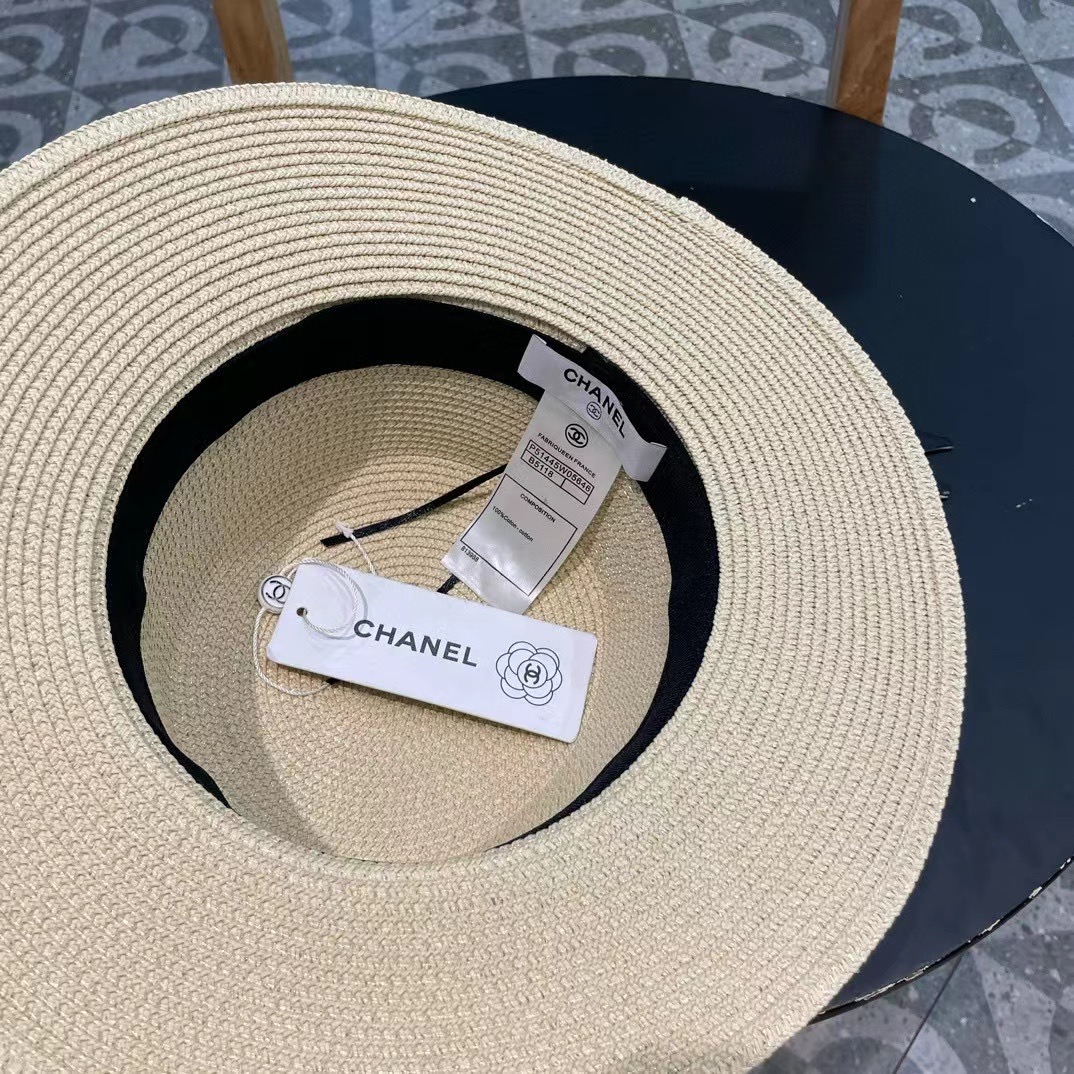   Chanel香奈儿草帽，蝴蝶结丝巾扣平顶礼帽，日本支持制作，高级断面蝴蝶结，遮阳防晒百搭