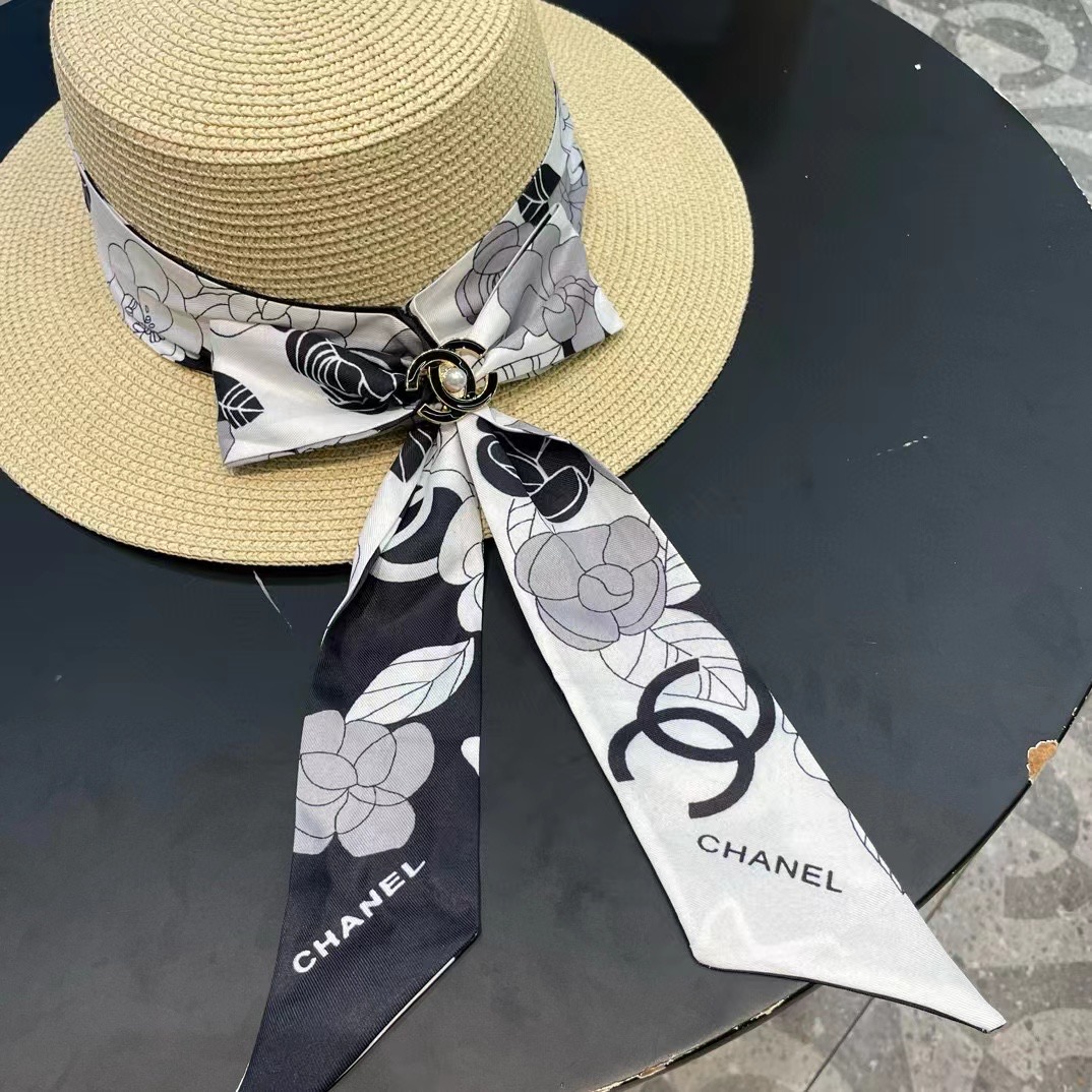   Chanel香奈儿草帽，蝴蝶结丝巾扣平顶礼帽，日本支持制作，高级断面蝴蝶结，遮阳防晒百搭