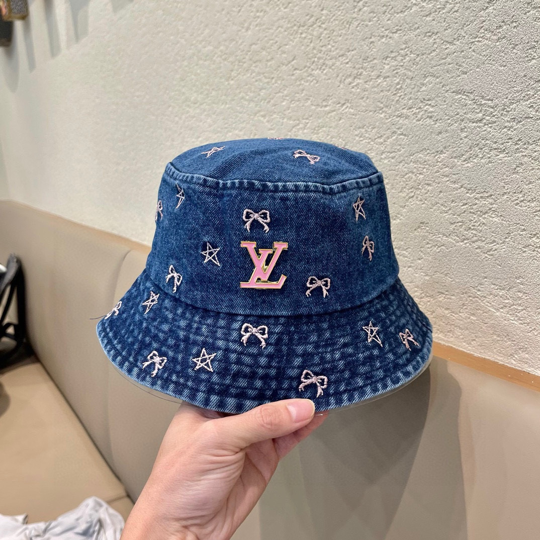   lv路易威登牛仔渔夫帽女2024新款春夏季日系水洗渐变大檐气质百搭水桶盆帽子