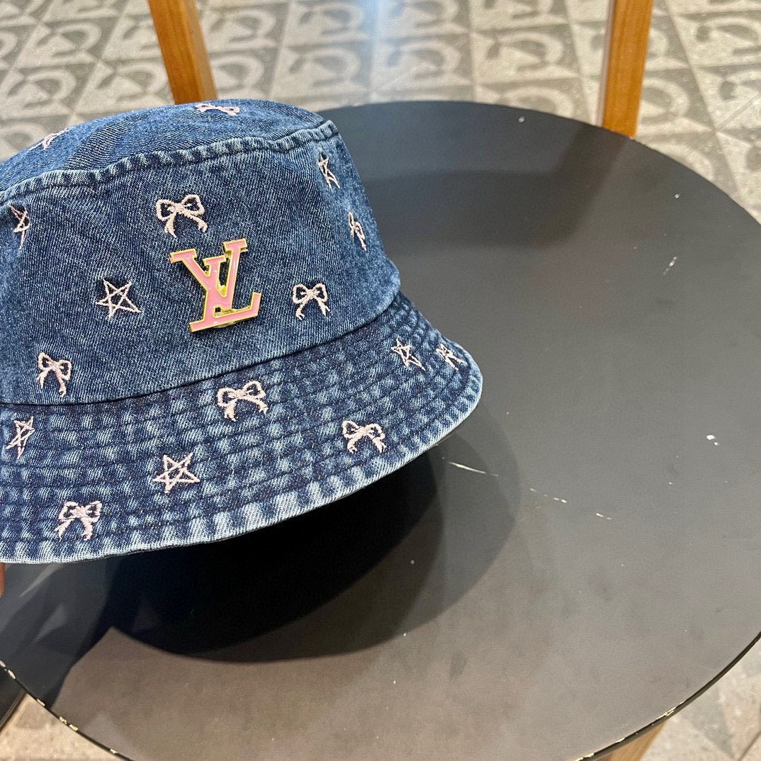   lv路易威登牛仔渔夫帽女2024新款春夏季日系水洗渐变大檐气质百搭水桶盆帽子