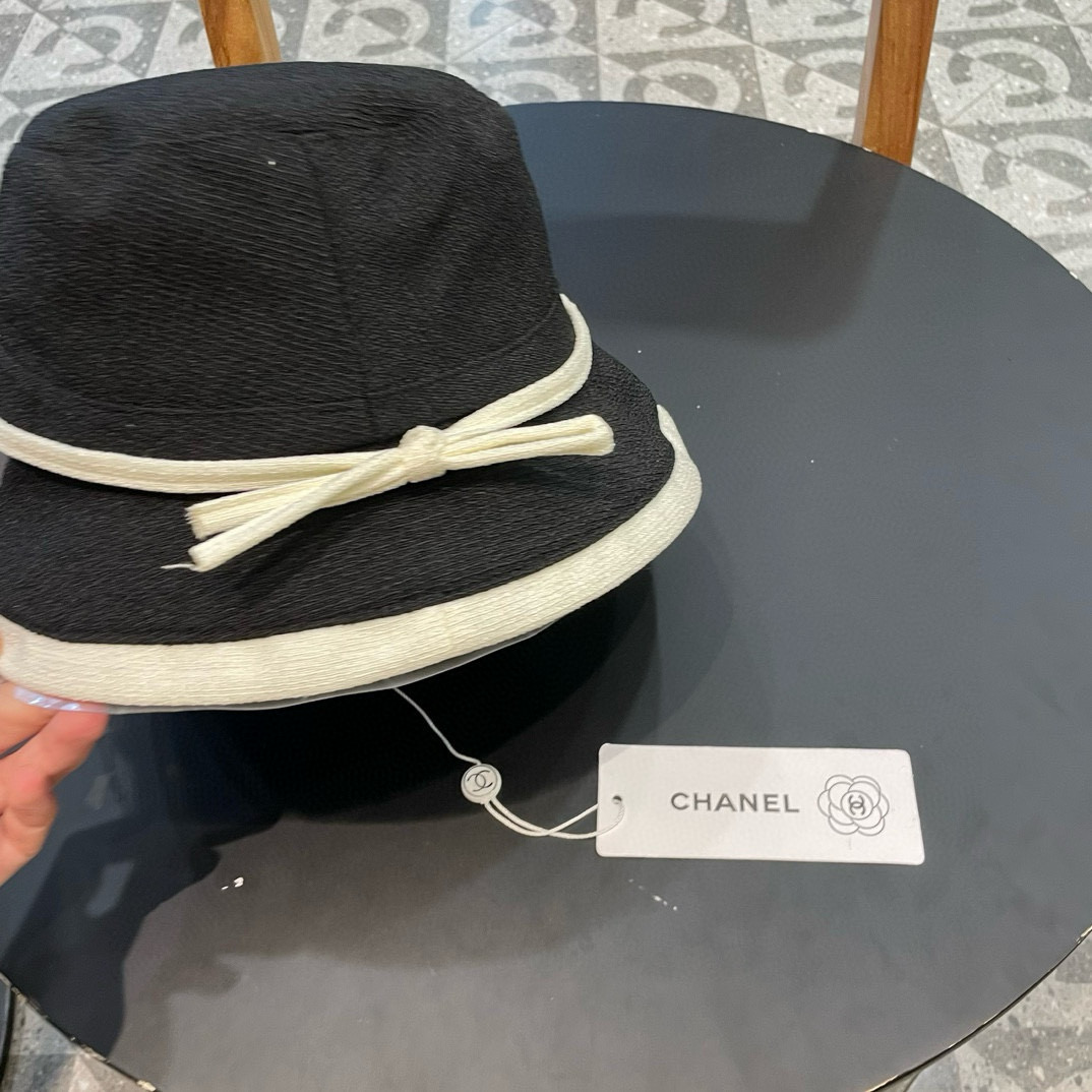  Chanel香奈儿 2024蝴蝶结渔夫帽女春夏季棉麻轻薄透气时尚盆帽出游防晒遮阳帽子